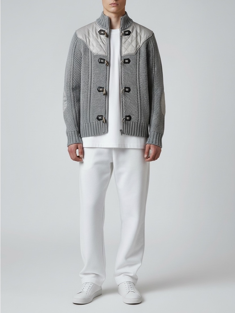 Lavane New York Mens Wool Blend Toggle Cardigan Gray Quilted Shoulder Size M